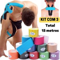 Kit 3 Fita Kinesio Tape Bandagem Elástica Funcional Esportiva Fisioterapia Reabilitação Muscular Total 15 metros