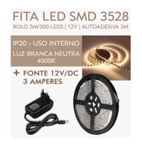 Kit 3 Fitas LED 3528/2835 IP20 5m/300 Leds Luz Branca Neutra (Suave) 4000K + 3 Fontes 3 Amperes