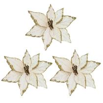 Kit 3 Flores Bico de Papagaio Natal Pick Veludo Champanhe Glitter Dourado 20cm Kit 3 Flores Bico de Papagaio Natal Pick Veludo Champanhe Glitter Dourado 20cm