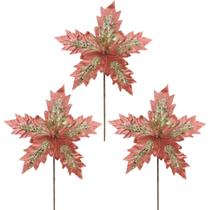 Kit 3 Flores Bico de Papagaio Veludo Rosê Pick Natal Glitter Dourado 24cm - Magizi - Yangzi