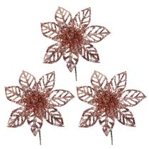Kit 3 Flores Pick Natal Bico de Papagaio Glitter Rosê Gold Vazado 15cm - Magizi
