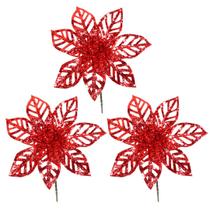 Kit 3 Flores Pick Natal Bico de Papagaio Glitter Vermelho Vazado 15cm - Magizi Kit 3 Flores Pick Natal Bico de Papagaio Glitter Vermelho Vazado 15cm - Magizi