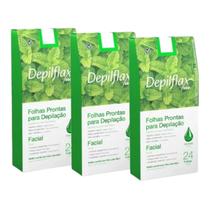 Kit 3 Folhas Prontas Facial Depilação Cera Depilflax Hortelã 72 Unid. Kit 3 Folhas Prontas Facial Depilação Cera Depilflax Hortelã 72 Unid.