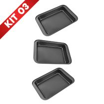Kit 3 Forma Assadeira Pão Caseiro Antiaderente Teflon Lasanha Retangular Bolo Jogo Conjunto Queijo