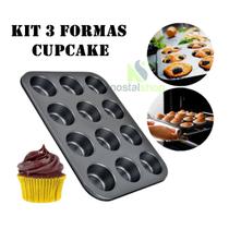 Kit 3 forma cupcake assadeira antiaderente 12 cavidades