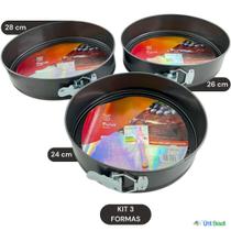 Kit 3 Formas Circulares com Revestimento Antiaderente e Fundo Removível nas Medidas de 24-26-28 cm Kit 3 Formas Circulares com Revestimento Antiaderente e Fundo Removível nas Medidas de 24-26-28 cm