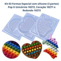 Kit 3 Formas Pop It Redondo 10271, Coração 10273 e Unicórnio 10272 (3 Partes " Silicone") - BWB - BWB Embalagens