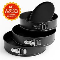 Kit 3 Formas Redondas Fundo Removível Antiaderente Grafite Liga de Aço Trava Lateral Bolo Torta Cheesecake Quiche Pão Kit 3 Formas Redondas Fundo Removível Antiaderente Grafite Liga de Aço Trava Lateral Bolo Torta Cheesecake Quiche Pão