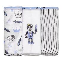 Kit 3 Fralda Tecido Ombro Bordada Reininho Encantado AZUL