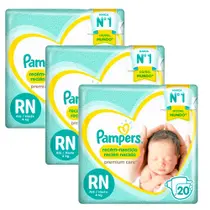 Kit 3 Fraldas Descartáveis Pampers Premium Care Recém-Nascido RN 20 Unidades