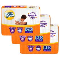 Kit 3 Fraldas PomPom Protek Proteção de Mãe Jumbo - Tamanho P - Total 90 Unidades