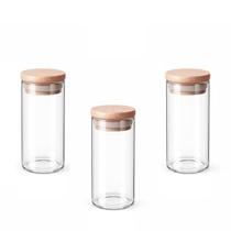 Kit 3 Frasco Organizador Multiuso Vidro 320ml Tampa de Bambu Tempero Cozinha Potes Recipiente Açúcar