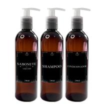 Kit 3 Frasco Pet Ambar 240ml Decoração Minimalista Banheiro Sabonete Liquido - Shampoo - Condicionador com Válvula Pump Pote - IB