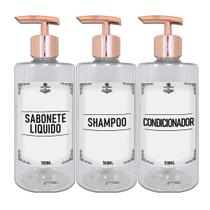 Kit 3 Frasco Pet plástico Shampoo Condicionador Saboente Liquido 500ml Valvula Pump Luxo Mimimalista Banheiro