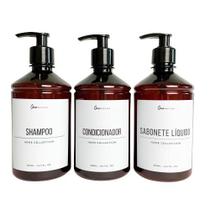 Kit 3 Frascos Âmbar 500ml Shampoo, Condicionador e Sabonete