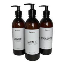 Kit 3 Frascos Âmbar Cilindro Pet 500ml Shampoo, Condicionador e Sabonete Líquido - Branco