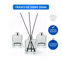 Kit 3 Frascos de Vidro Cubo 200ml com Tampa e Varetas para Aromatizador