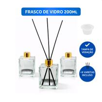 Kit 3 Frascos de Vidro Cubo 200ml com Tampa e Varetas para Aromatizador
