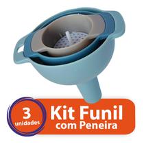 Kit 3 Funil com Peneira Coador Pequeno Médio Grande Cozinha Plástico 4 Peças Líquidos Óleo