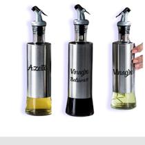 Kit 3 Galheteiros Azeite Vinagre 300 Ml Vidro Aço Inox Dosador