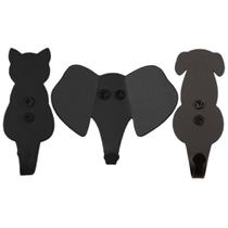 Kit 3 Ganchos Multiuso Cachorro Gato Elefante Preto Pendurar Casacos Chapéus Bolsas Luft Masutti