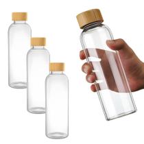 Kit 3 Garrafa Squeeze De Vidro Água Chá Suco 600ml Tampa Bambu