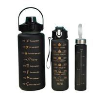 Kit 3 Garrafas De Água Motivacional 2L 900Ml 300Ml Preto - Yinaite