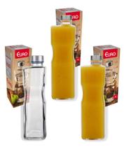 Kit 3 Garrafas De Vidro 1L Tampa Aço Inox Leite Água Suco Euro