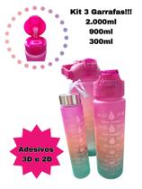 Kit 3 Garrafas Motivacionais Squeeze Frases Cores Aleatórias Adesivos 3D e 2D