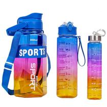 Kit 3 garrafas sports coloridas de 300ml a 2l com cordão