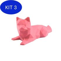Kit 3 Gato Deitado Low Poly Geométrico Decoração 3D Rosa