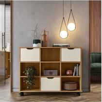 Kit 3 Gavetas Organizadoras e Estante Baixa Nicho com Rodízios Marrom Freijó/Branco Acetinado