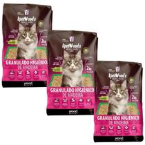 Kit 3 Granulados de Madeira Ipetwoods 2kg Areia Higiênica para Gatos