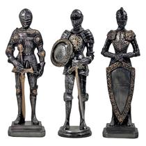 Kit 3 Guerreiros Soldados Medievais Na Base Estátua Chumbo