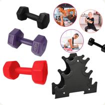 Kit 3 Halteres Sextavados Peso Academia Treino em Casa com Suporte Halter 12Kg