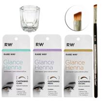 Kit 3 Henna Glance Sobrancelha Com Pincel Macrilan Chanfrado Aplicador e Dappen Vidro Para Misturas