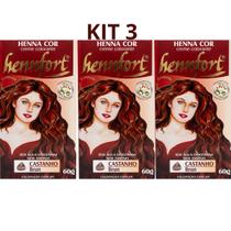 KIT 3 Henna HennFort Colorante em Pó 65g Natural Cor:CASTANHO