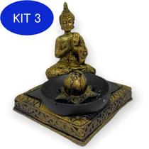 Kit 3 Incensário Quadrado Buda Mini Dourado 8 Cm Em Resina 47-183