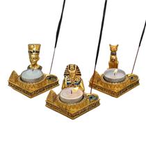 Kit 3 Incensários Castiçal Vela Faraó Bastet Nefertiti Resina - M3 Decoração