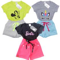 Kit 3 infantil/juvenil conjunto sortido Camiseta + shortinho verão meninas