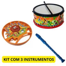Kit 3 Instrumento Musical Brinquedo Educativo Tambor Pandeiro Flauta