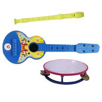 Kit 3 Instrumentos Musical Violão Pandeiro Flauta Infantil Brinquedo Banda