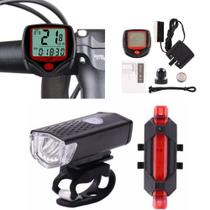 kit 3 itens acessórios para bike Lanterna Traseira e frontal + Velocímetro com fio - AAA
