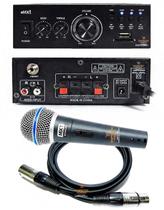 Kit 3 Itens Amplificador Microfone Dinâmico Cabo XLR 5mts Kit 3 Itens Amplificador Microfone Dinâmico Cabo XLR 5mts