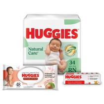Kit 3 Itens Huggies - Lenço Hidratação, Creme e Fralda Natural Care RN 34