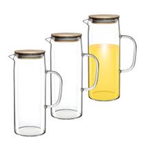 Kit 3 Jarra Vidro Borossilicato Com Tampa Bambu Água Suco Drink 1L