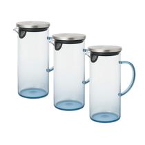 Kit 3 Jarra Vidro Cor Azul Resistente Turmalina Tampa Inox 1,5L