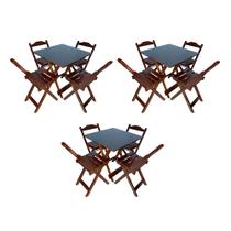 Kit 3 Jogos de Mesa Dobrável 70x70 com 4 Cadeiras de Madeira Ideal para Bar e Restaurante - Imbuia