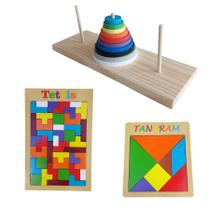 Kit 3 Jogos Educativo Torre de Hanói Tetris 40 peças e Tangram