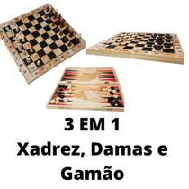Kit 3 Jogos, Xadrez, Damas e Gamão em Madeira Kit 3 Jogos, Xadrez, Damas e Gamão em Madeira
